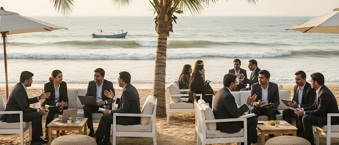 Luxury beach dinner setting at night with string lights